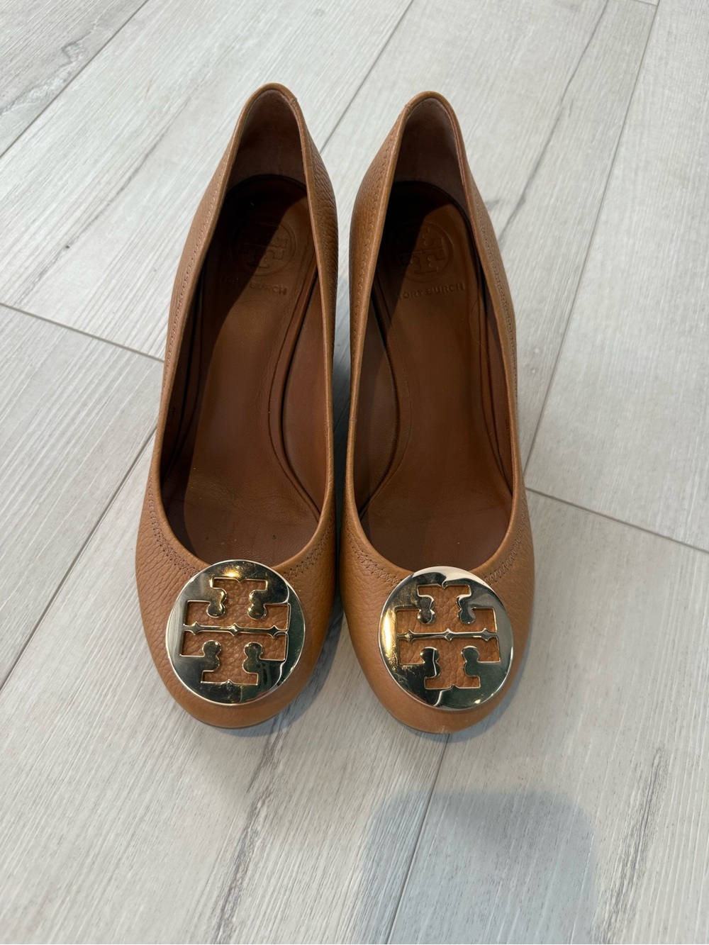 Tory Burch Tan Leather Wedge with Gold Logo Medallion